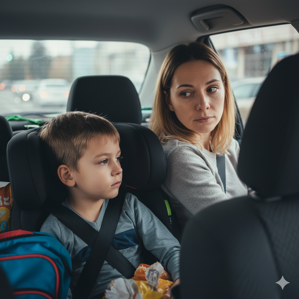 Mãe e filho cansados ou frustrados no carro após terapia